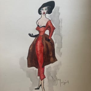 Framed original 1940's fashion watercolor with long red gown 