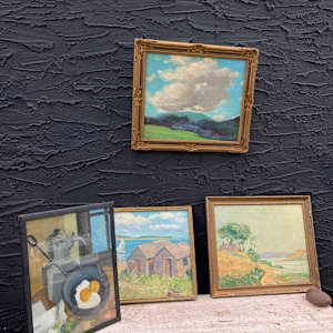 Carl G.T. Olson original painting on board coastal scene with sheds and boat  #25 