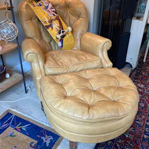 Mustard leather chair and ottoman 