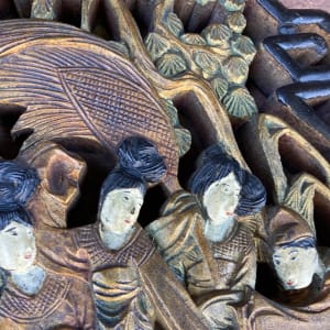Hand carved Japanese wood figural panel 