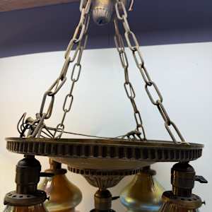 Arts and Crafts era 5 light chandelier with hand blown shades 