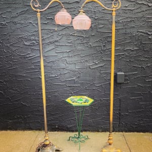 ornate footed brass bridge floor lamp with pink art deco glass shade 
