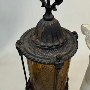1920's entry iron light fixture with amber glass 