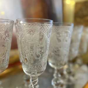 Set of 8 heavily etched Russian wine glasses 