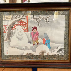 Framed Japanese watercolor of snow man 