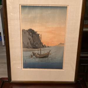 framed Gesso Yoshimoto woodblock of sailboat in sunset 