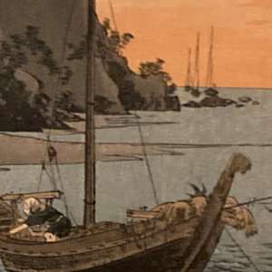 framed Gesso Yoshimoto woodblock of sailboat in sunset 