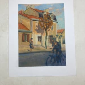 Original watercolor of French street scene with bicycle 