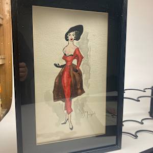 Framed original 1940's fashion watercolor with long red gown
