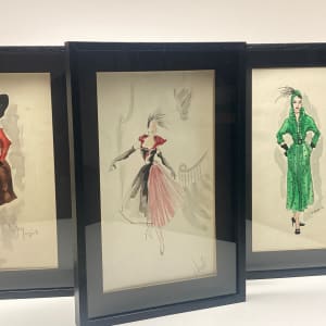 framed 1940's original fashion watercolor with long Green dress 