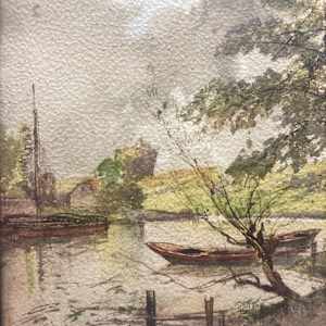 framed vintage print with boat 