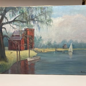 Original oil painting on canvas of red building and sailboat 