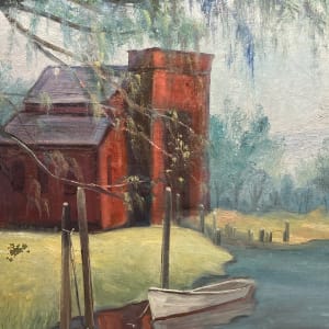 Original oil painting on canvas of red building and sailboat 