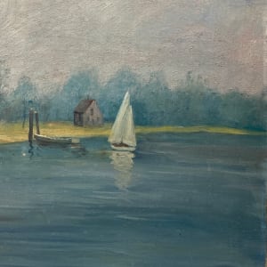 Original oil painting on canvas of red building and sailboat 