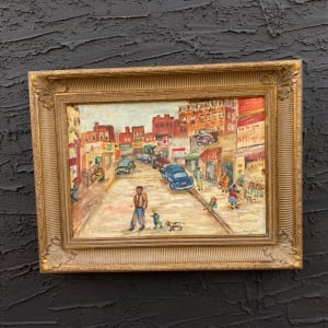 Framed Ashcan oil painting on board of a street scene 