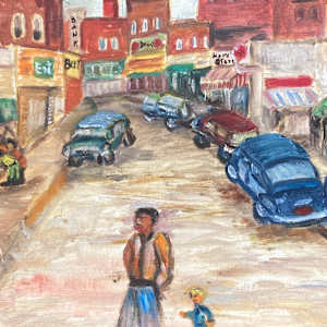 Framed Ashcan oil painting on board of a street scene 