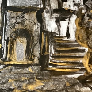 original ink and acrylic painting of stairs with gold 