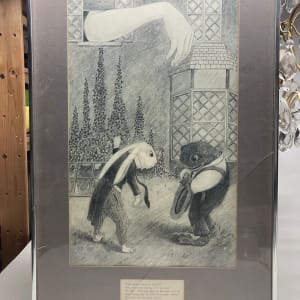 Framed drawing of a frog and a rabbit 