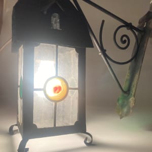 English Arts n Crafts metal lantern with iron wall bracket 