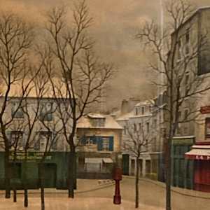 French winter engraving street scene 