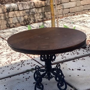 wrought iron low oak top table