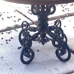 wrought iron low oak top table 