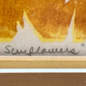 Framed woodblock of Sunflowers by Barbara Graham 