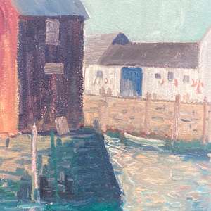 Carl G.T. Olson original painting on board harbor view with red building #8 
