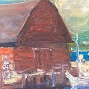 Carl G.T. Olson original painting on board harbor scene with red building and sailboats #11 