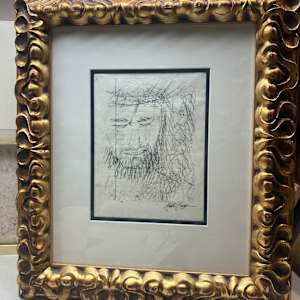 Framed ink drawing of Christ portrait 