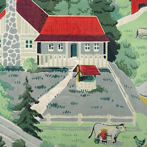 Framed Wallpaper of red roof farm scene 