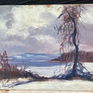 Carl G.T. Olson original painting on board winter lake scene with mountain #16 
