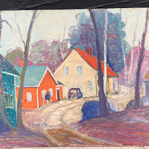 Carl G.T. Olson original painting on board orange house with car #17 