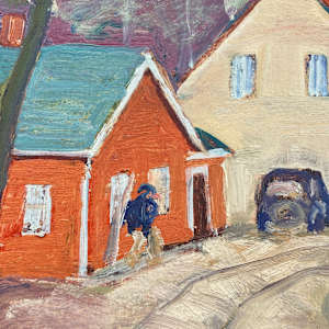 Carl G.T. Olson original painting on board orange house with car #17 