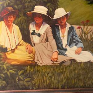large framed Polly Podolsky painting of three women 