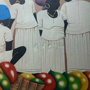 Painting of women in white gowns and bright turbins 