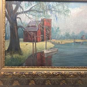 Original oil painting on canvas of red building and sailboat 