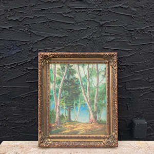 Carl G. T. Olson original painting on board lakes edge with white trees #38 