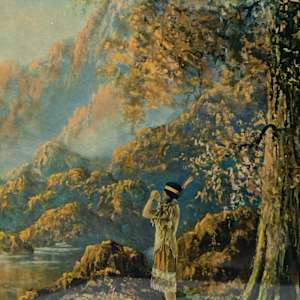 Framed lithograph of a Native American woman in landscape 