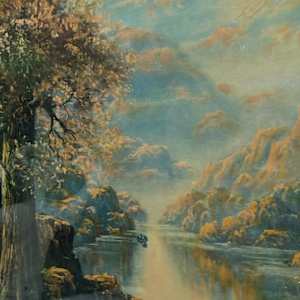 Framed lithograph of a Native American woman in landscape 