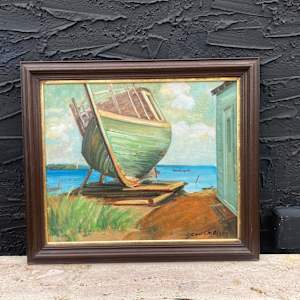 Carl G. T. Olson original painting on board green boat #48 
