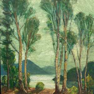 original painting on canvas trees with lake and mountains #54 