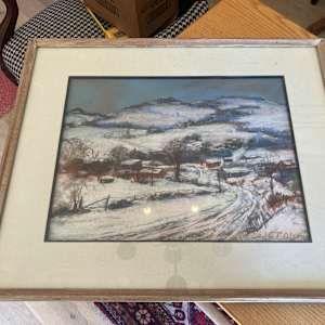 Carl G. T. Olson original painting on board winter villiage #81 