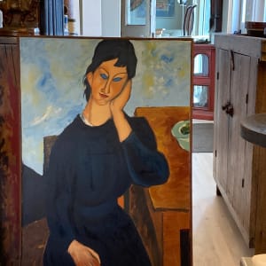 Modigliani style portrait "Elvira Resting at Table" 
