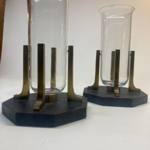 Pair of mid century modern brass and glass candle holders 