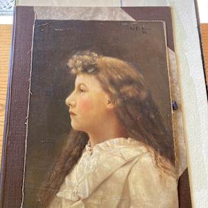 original unsigned painting on canvas of girl in white blouse  #122 