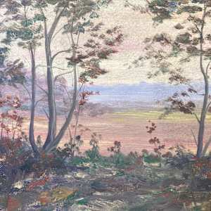 Carl G. T. Olson original painting on board landscape thru trees  #135 