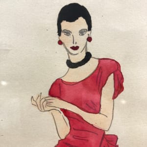 Framed 1940's original fashion watercolor with red top 