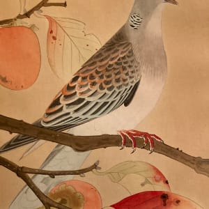 framed vintage Japanese woodblock of Persimmons and turtle dove 
