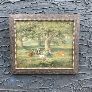 Peter Roos original framed oil painting of boys playing cards 